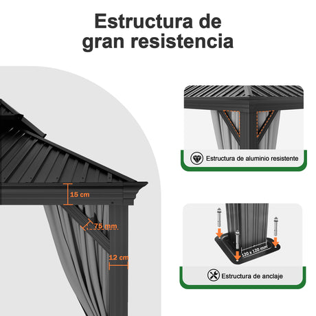 Patioslife Luxury Haven Cenador de Jardín con Techo Rígido y Cortinas
