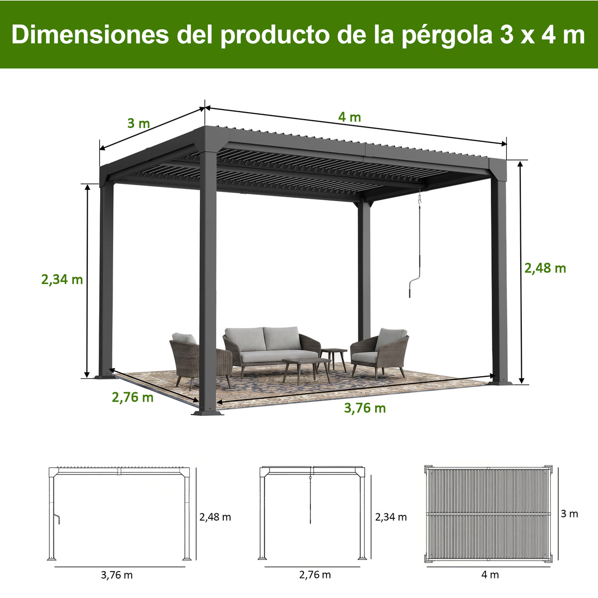Patioslife Atlantic Pérgola de Aluminio con Lamas Regulables y Luces LED