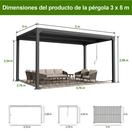 Patioslife Atlantic Pérgola de Aluminio con Lamas Regulables y Luces LED