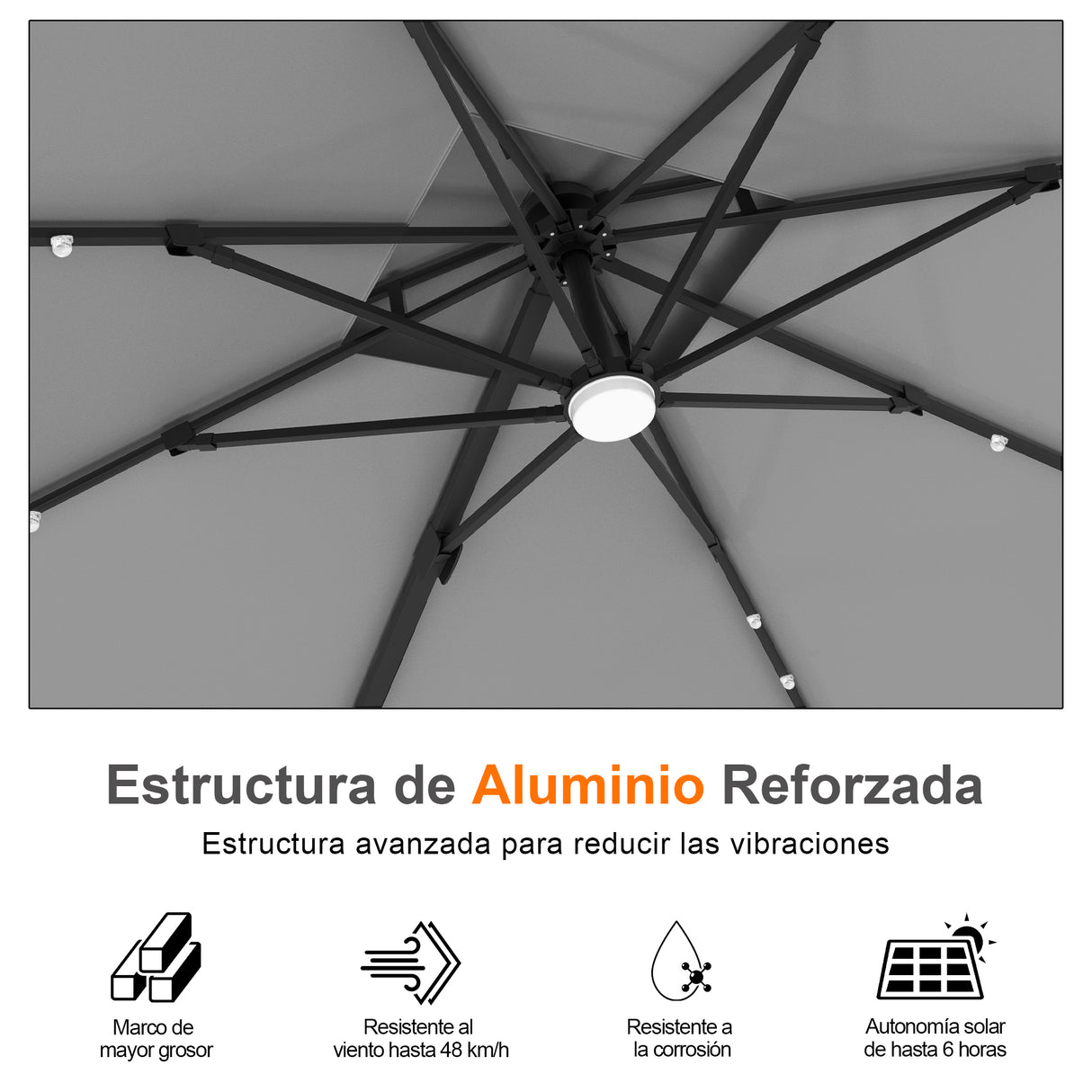Patioslife Aegis Pro Sombrilla Excéntrica con Iluminación LED Solar, Estructura de Aluminio Termolacado y Rotación 360°
