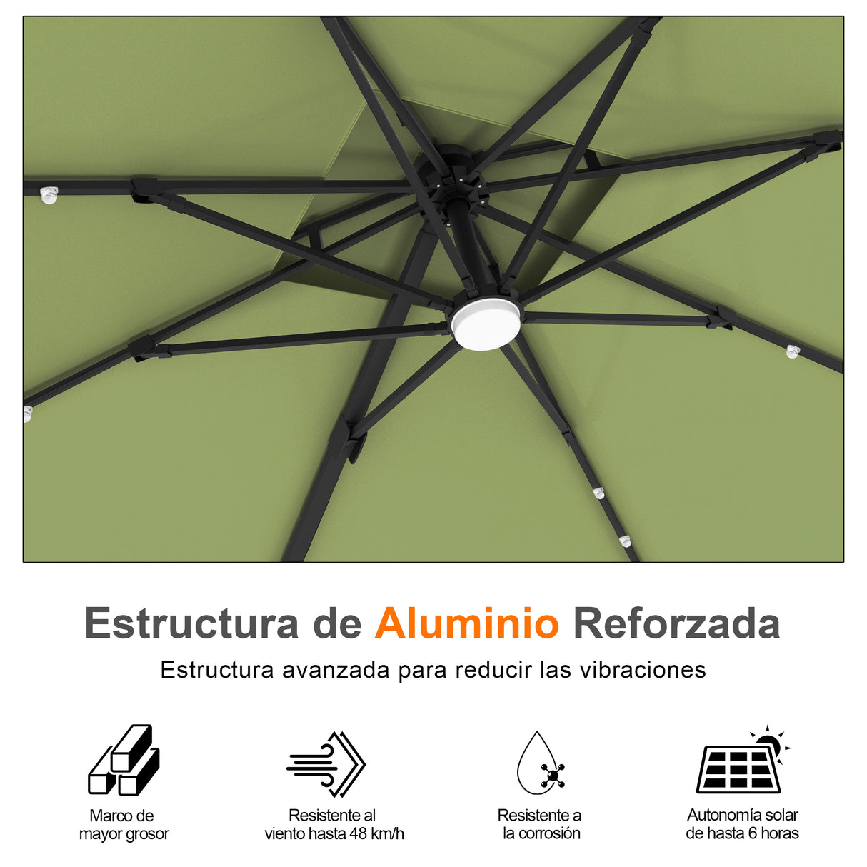 Patioslife Aegis Pro Sombrilla Excéntrica con Iluminación LED Solar, Estructura de Aluminio Termolacado y Rotación 360°