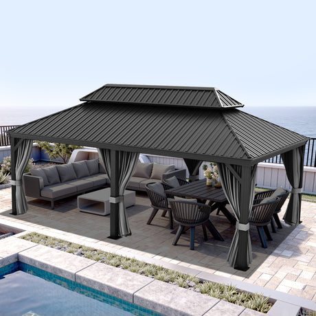 Patioslife Luxury Haven Cenador de Jardín con Techo Rígido y Cortinas