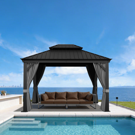 Patioslife Luxury Haven Cenador de Jardín con Techo Rígido y Cortinas