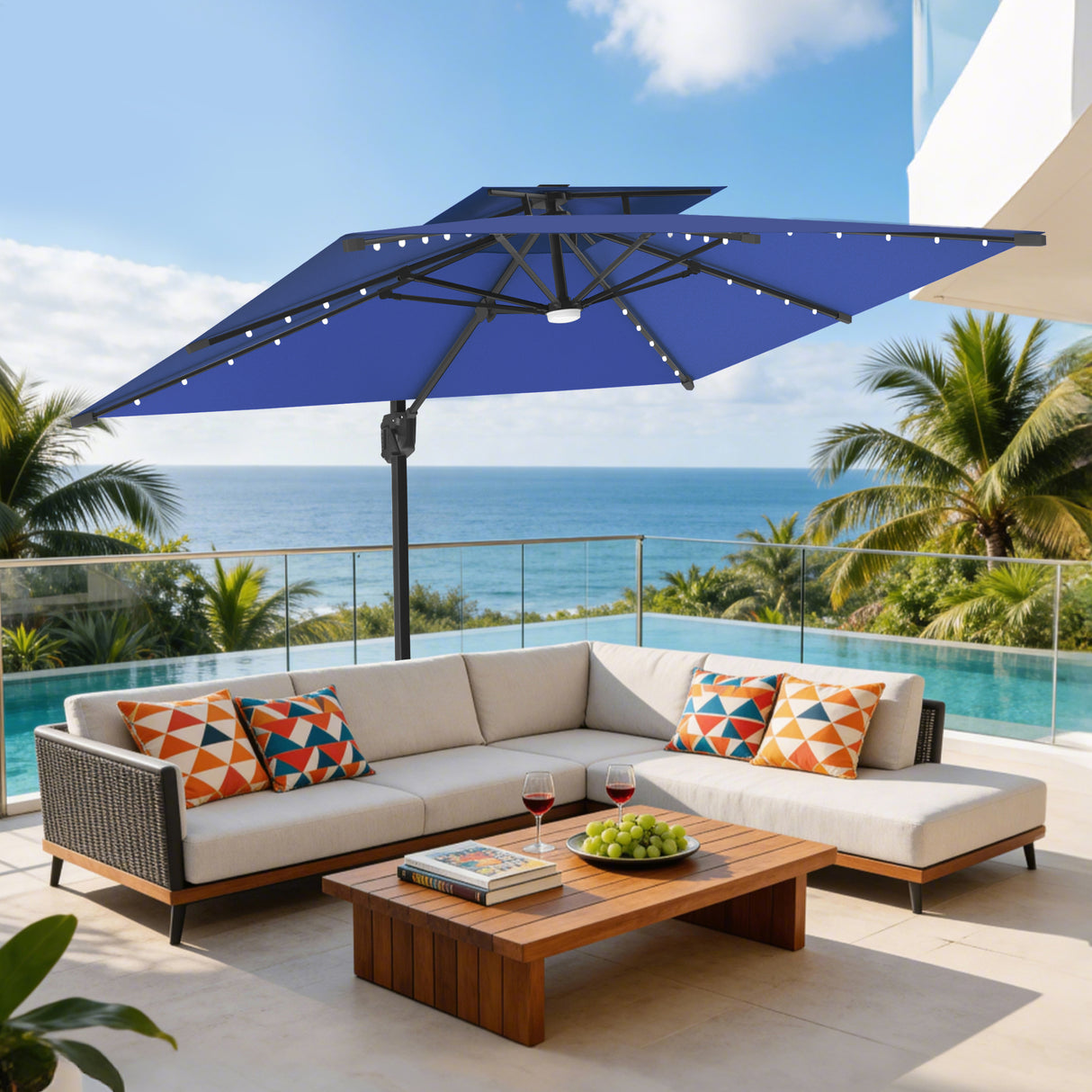Patioslife Aegis Pro Sombrilla Excéntrica con Iluminación LED Solar, Estructura de Aluminio Termolacado y Rotación 360°