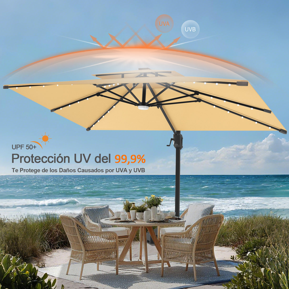 Patioslife Aegis Pro Sombrilla Excéntrica con Iluminación LED Solar, Estructura de Aluminio Termolacado y Rotación 360°