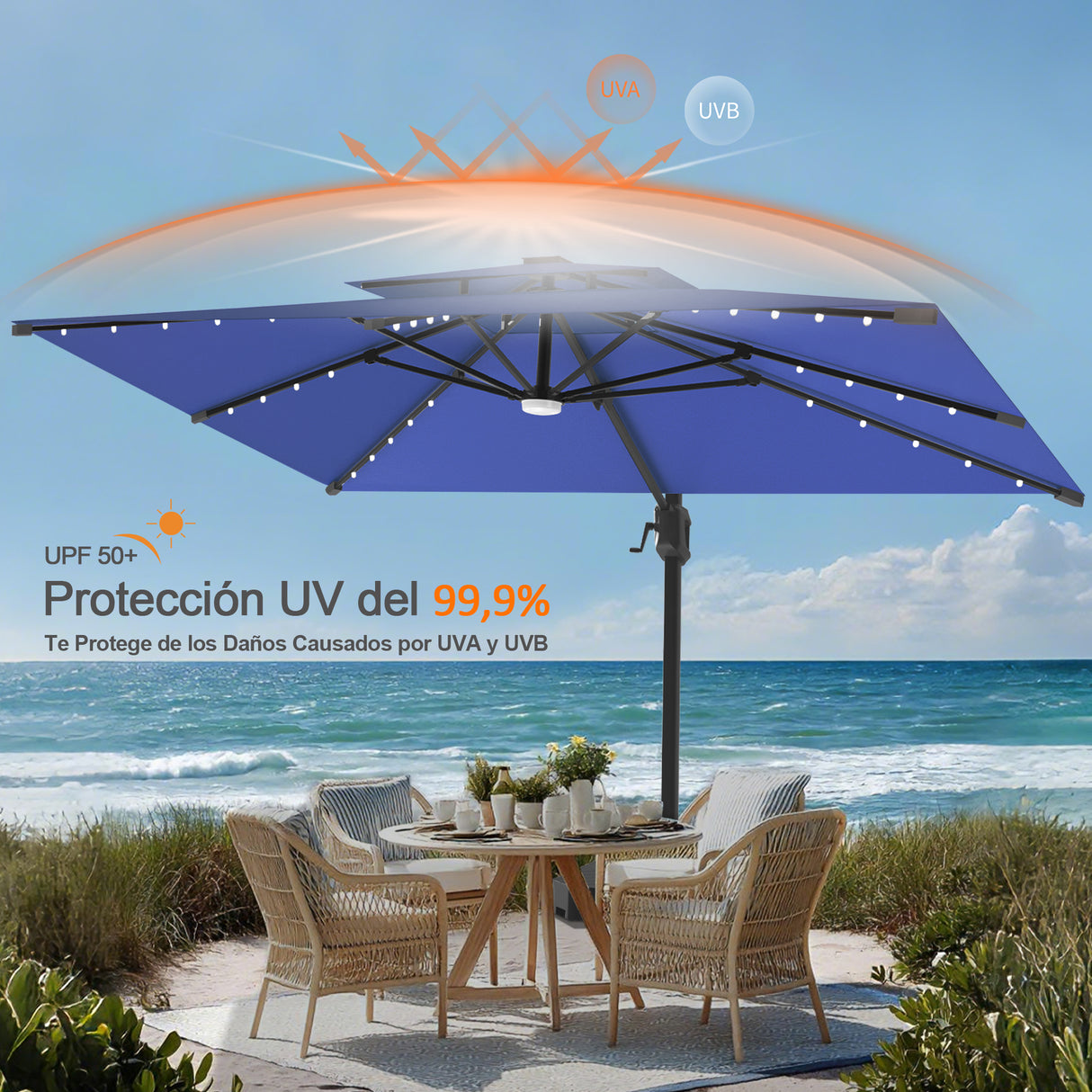 Patioslife Aegis Pro Sombrilla Excéntrica con Iluminación LED Solar, Estructura de Aluminio Termolacado y Rotación 360°