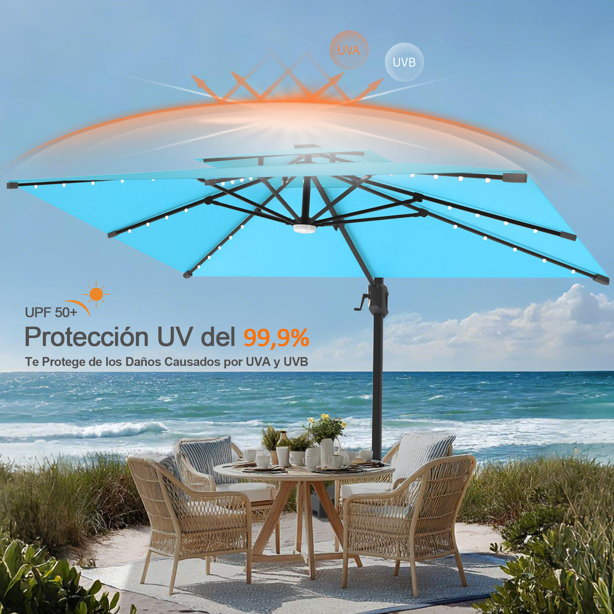 Patioslife Aegis Pro Sombrilla Excéntrica con Iluminación LED Solar, Estructura de Aluminio Termolacado y Rotación 360°