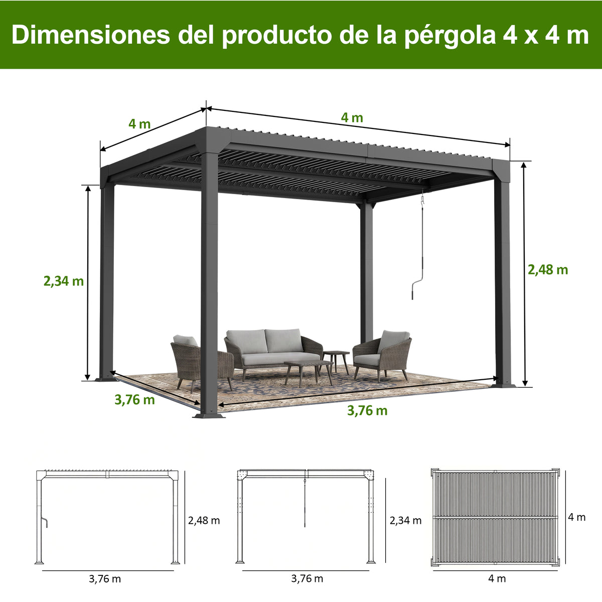 Patioslife Atlantic Pérgola de Aluminio con Lamas Regulables y Luces LED