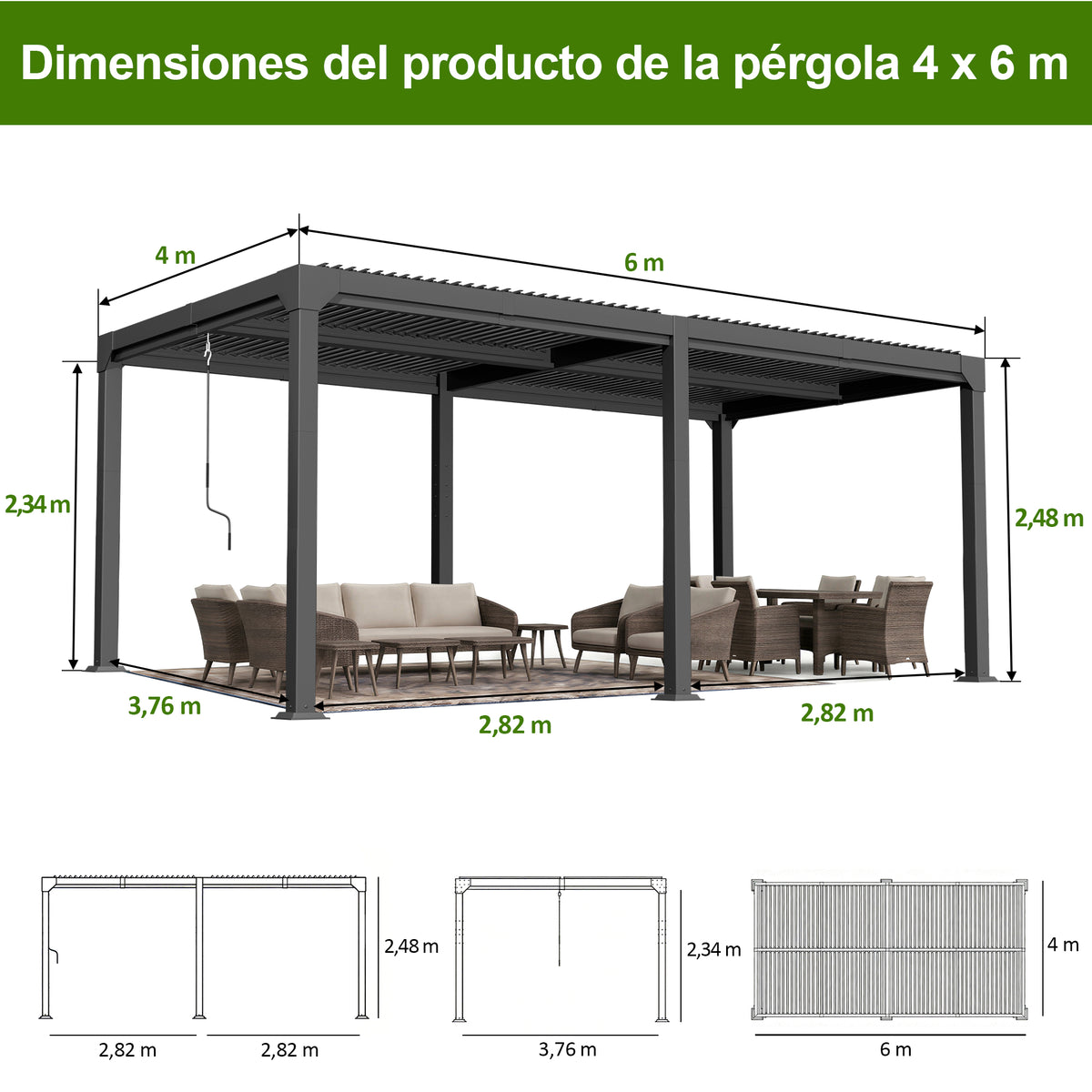 Patioslife Atlantic Pérgola de Aluminio con Lamas Regulables y Luces LED