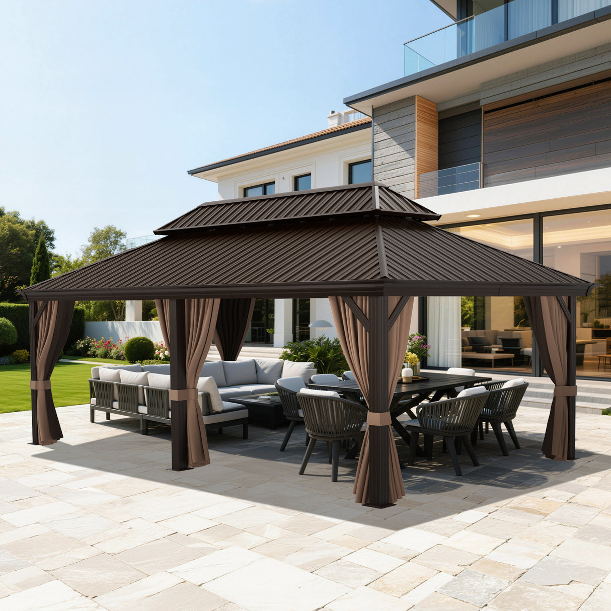 Patioslife Luxury Haven Cenador de Aluminio con Techo Rígido, Drenaje Integrado y Cortinas