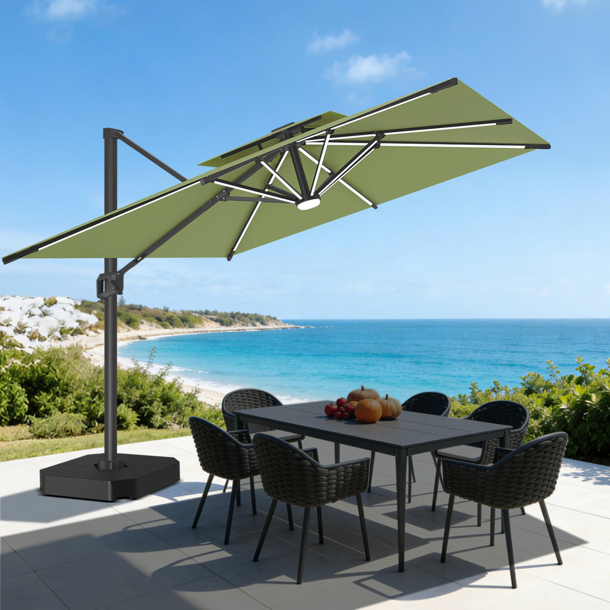 Patioslife Aegis Pro Sombrilla Excéntrica con Iluminación LED Solar, Estructura de Aluminio Termolacado y Rotación 360°