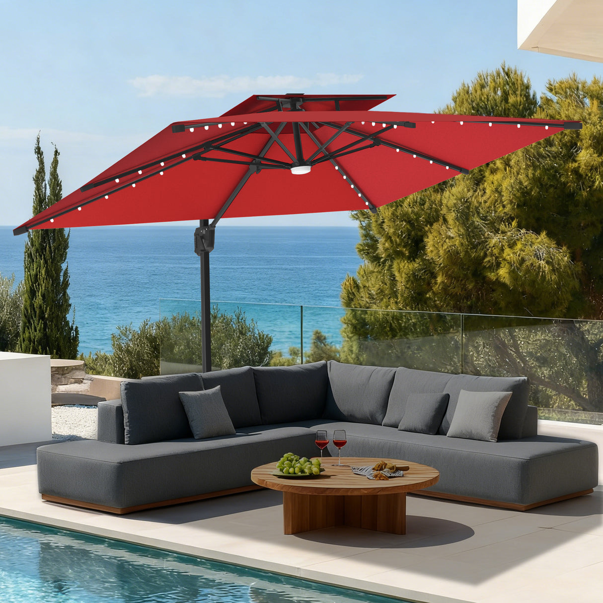 Patioslife Aegis Pro Sombrilla Excéntrica con Iluminación LED Solar, Estructura de Aluminio Termolacado y Rotación 360°