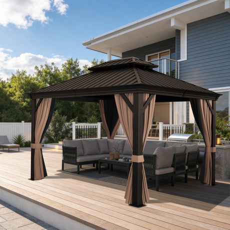 Patioslife Luxury Haven Cenador de Jardín con Techo Rígido y Cortinas
