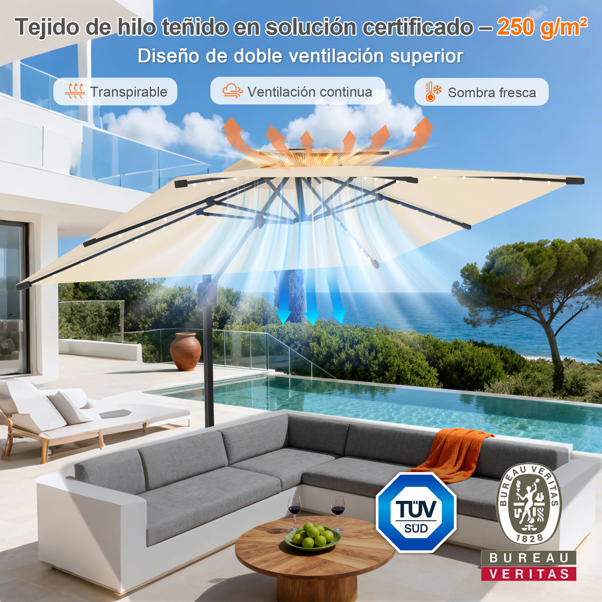 Patioslife Aegis Pro Sombrilla Excéntrica con Iluminación LED Solar, Estructura de Aluminio Termolacado y Rotación 360°
