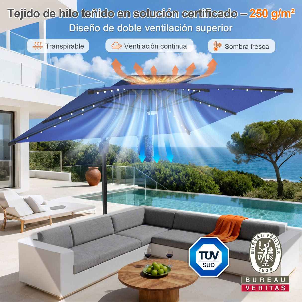 Patioslife Aegis Pro Sombrilla Excéntrica con Iluminación LED Solar, Estructura de Aluminio Termolacado y Rotación 360°