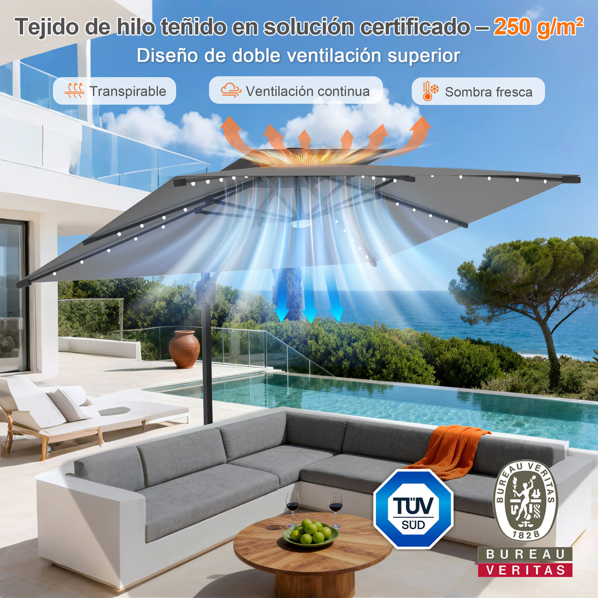 Patioslife Aegis Pro Sombrilla Excéntrica con Iluminación LED Solar, Estructura de Aluminio Termolacado y Rotación 360°