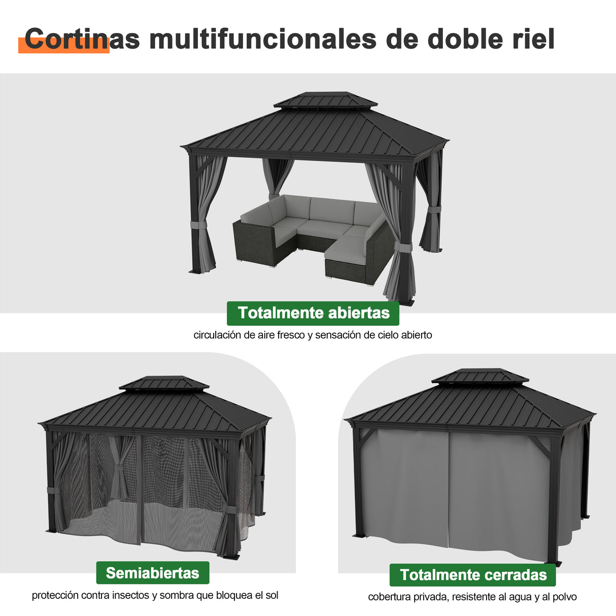 Patioslife Luxury Haven Cenador de Aluminio con Techo Rígido, Drenaje Integrado y Cortinas